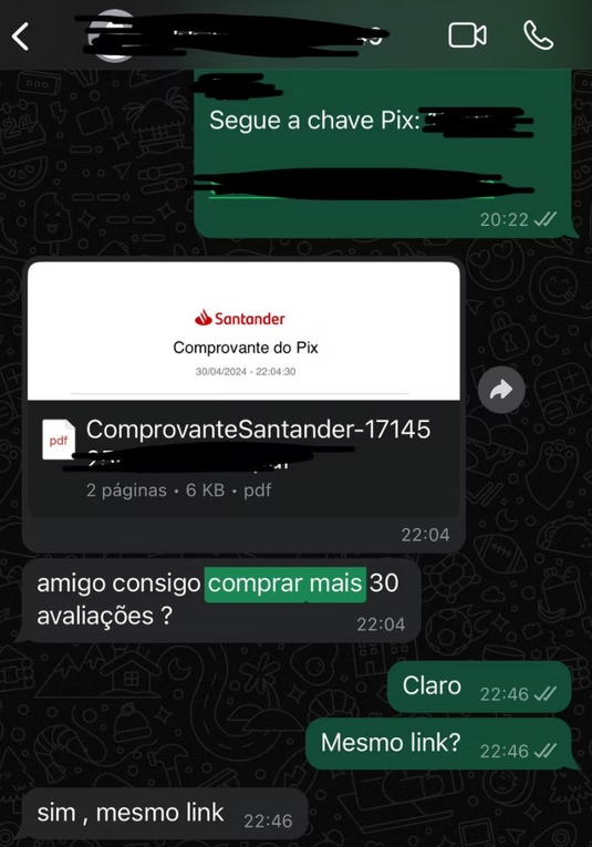 Conversa de cliente no WhatsApp pedindo mais avaliações — “Amigo, consigo comprar mais 30 avaliações?”