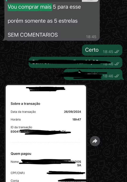 Conversa de cliente no WhatsApp pedindo mais avaliações — “Vou comprar mais 5 para esse”