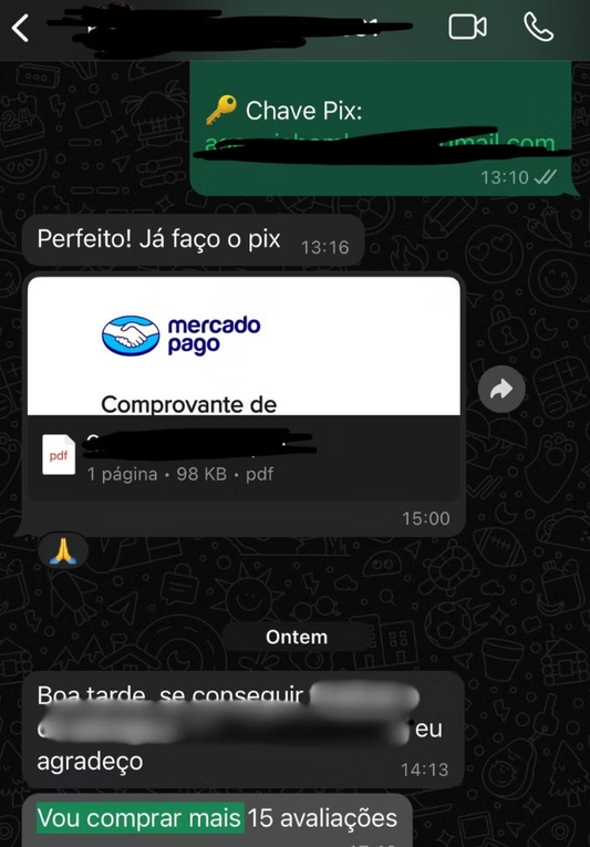 Conversa de cliente no WhatsApp pedindo mais avaliações — “Vou comprar mais 15 avaliações”
