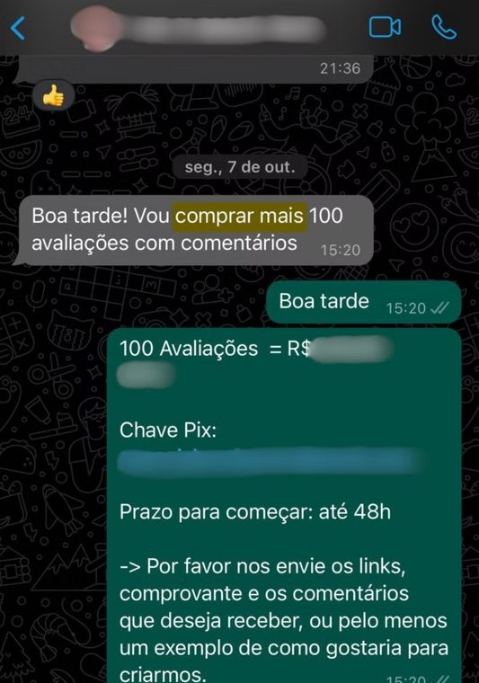 Conversa de cliente no WhatsApp pedindo mais avaliações — “Vou comprar mais 100 avaliações com comentários”