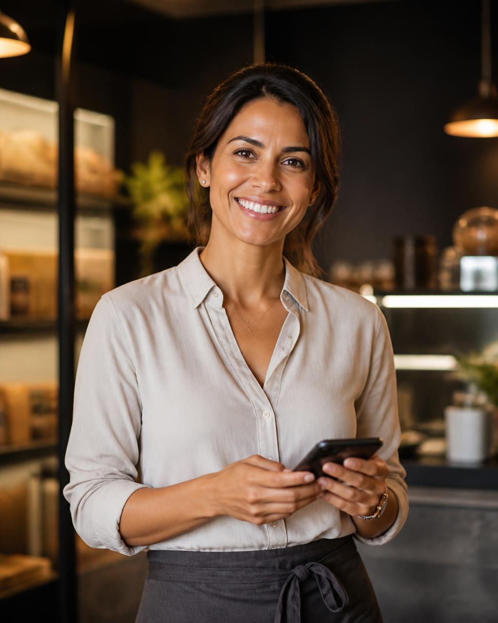 Empreendedora brasileira sorrindo no seu comércio após receber novas avaliações no Google